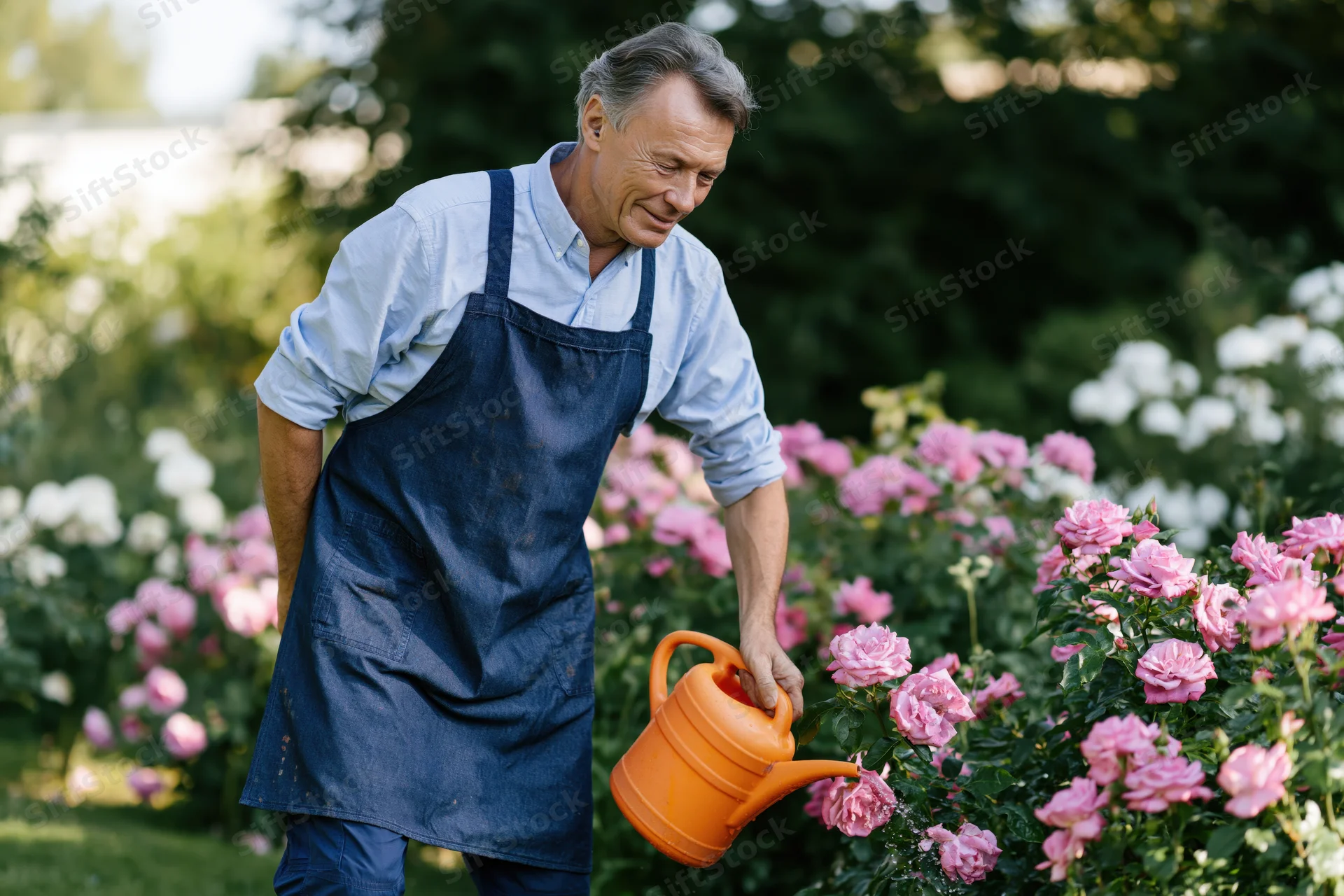 Man watering pink roses in a garden wearing a denim apron