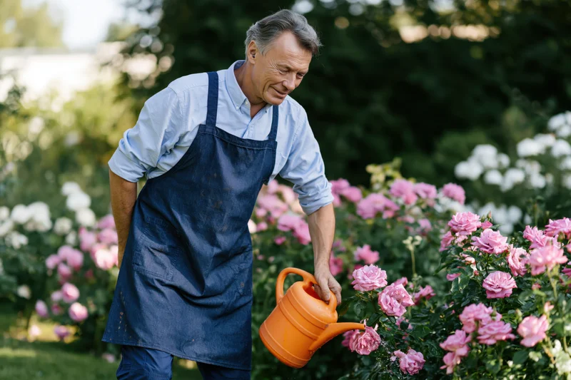 Man watering pink roses in a garden wearing a denim apron