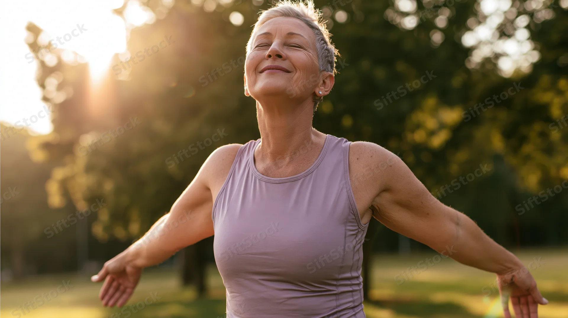 Senior woman stretching with arms out in a sunlit park