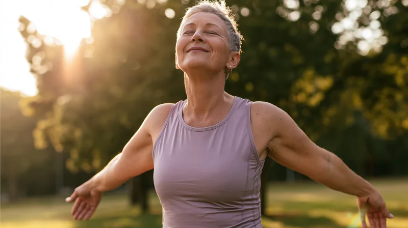 Senior woman stretching with arms out in a sunlit park