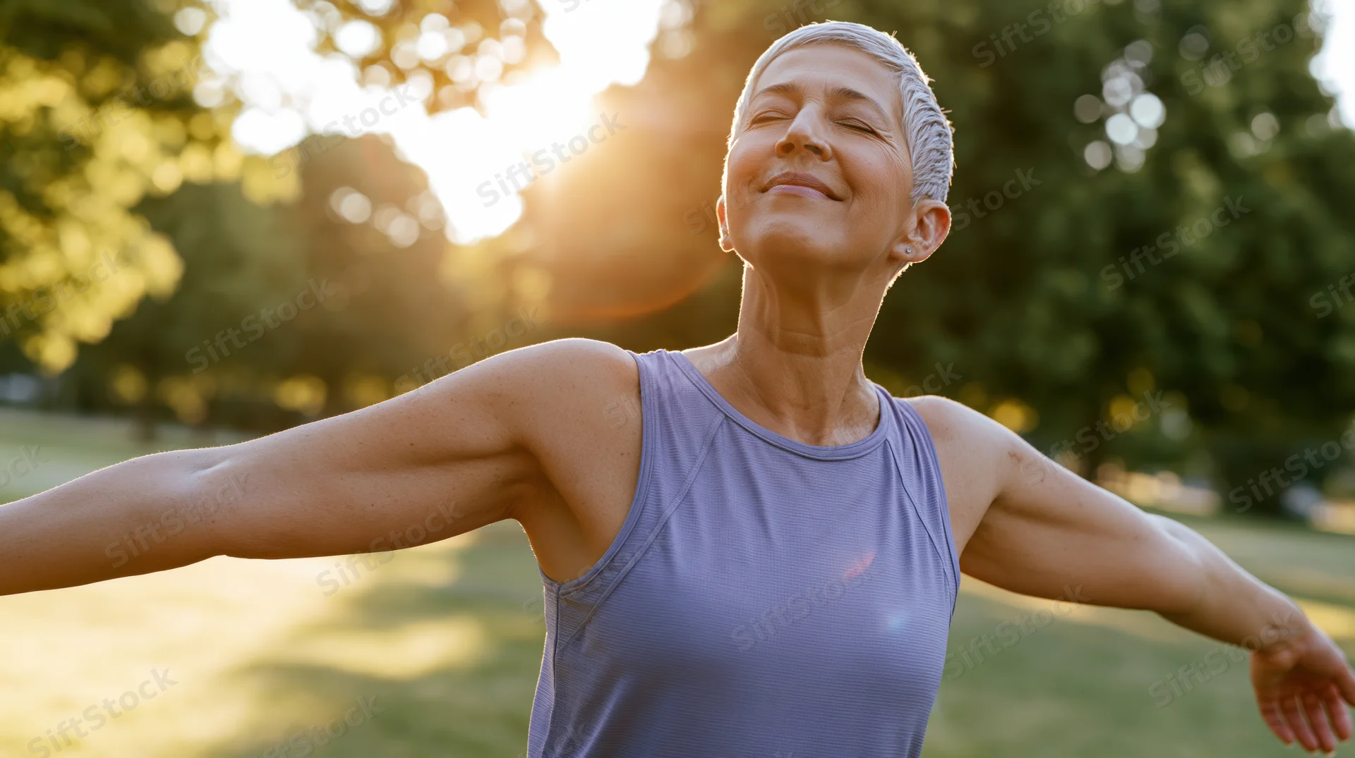 Senior woman stretching with arms outstretched in a sunlit park