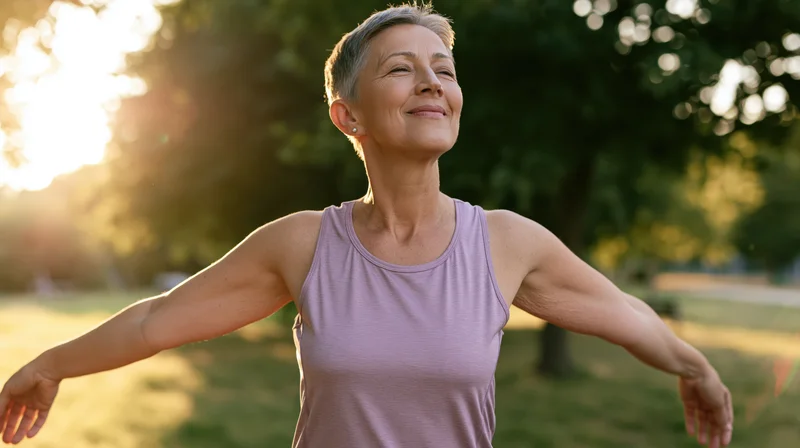 Senior woman stretching with arms out in a sunlit park