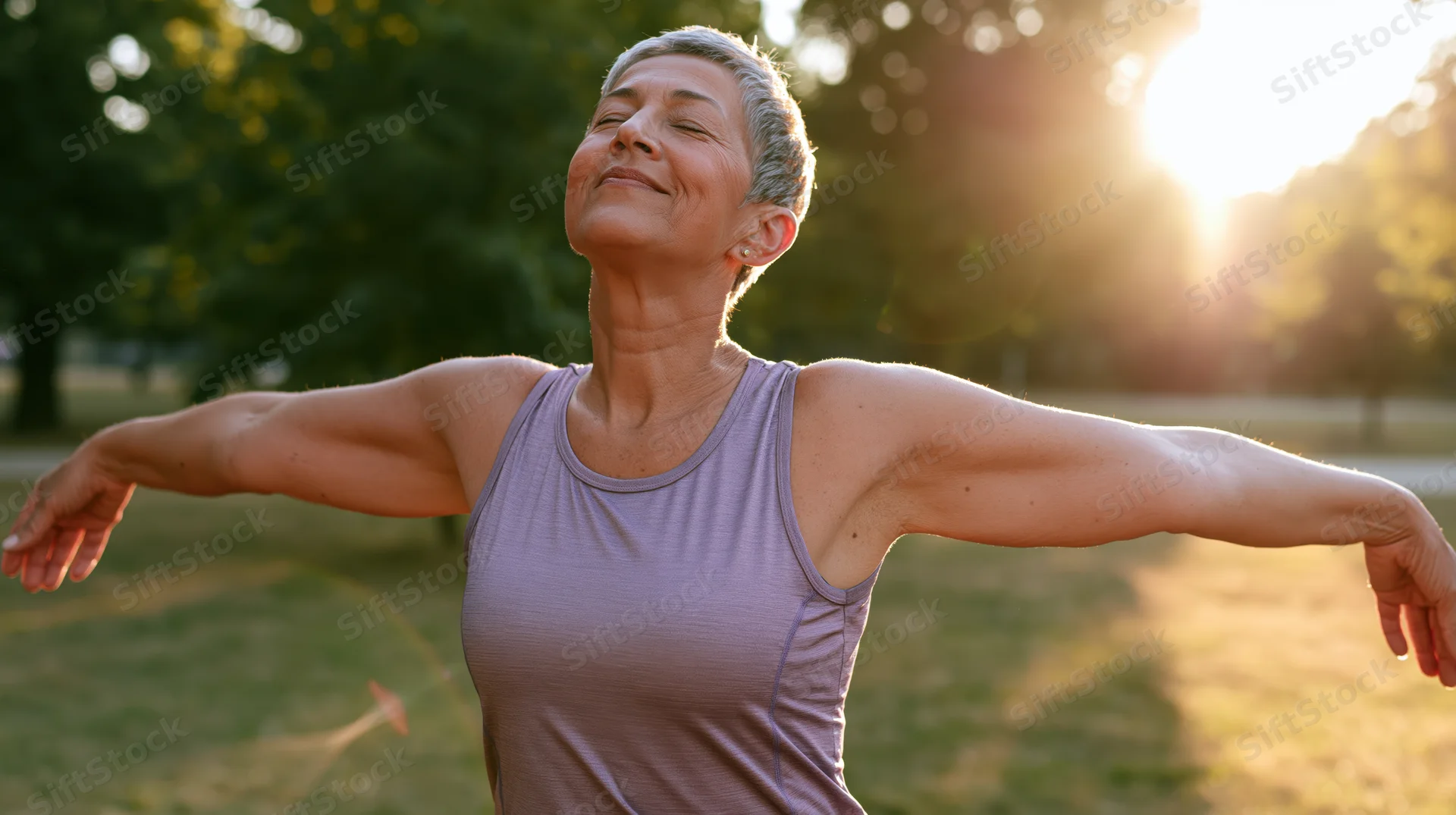 Senior woman stretching with arms out in a sunlit park during golden hour