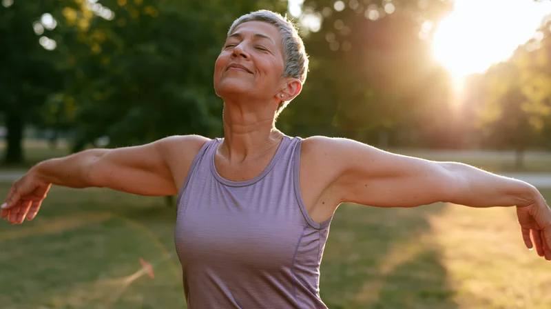 Senior woman stretching with arms out in a sunlit park during golden hour