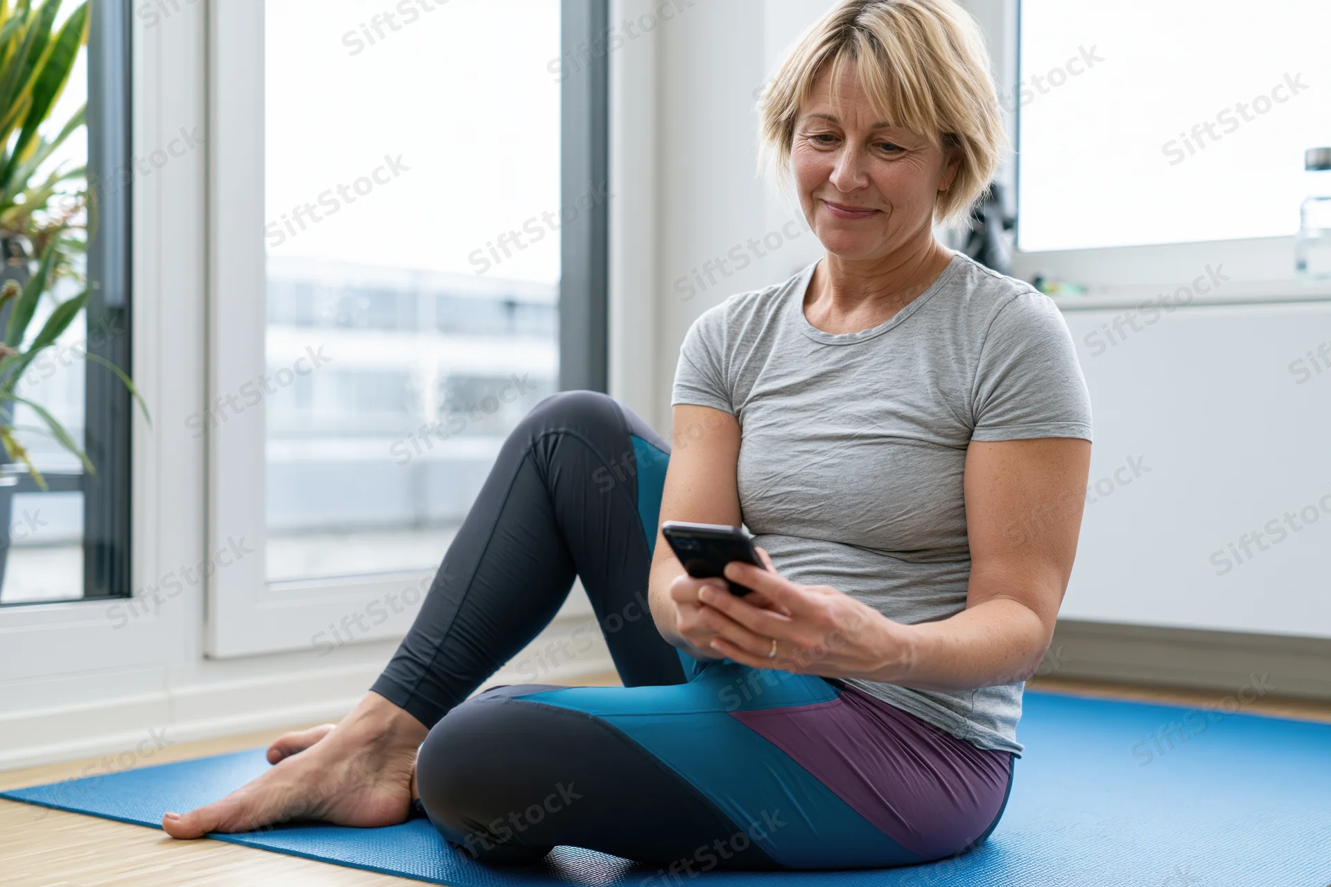 Middle-aged woman sitting on yoga mat at home using smartphone during fitness routine