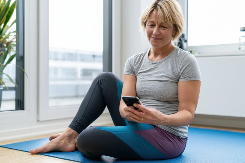 Middle-aged woman sitting on yoga mat at home using smartphone during fitness routine