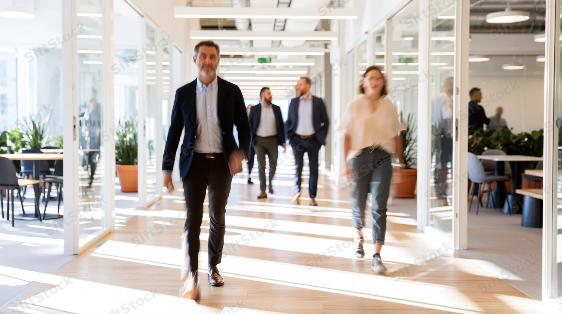 Business professionals walking through a modern open-plan office hallway with glass partitions and natural light