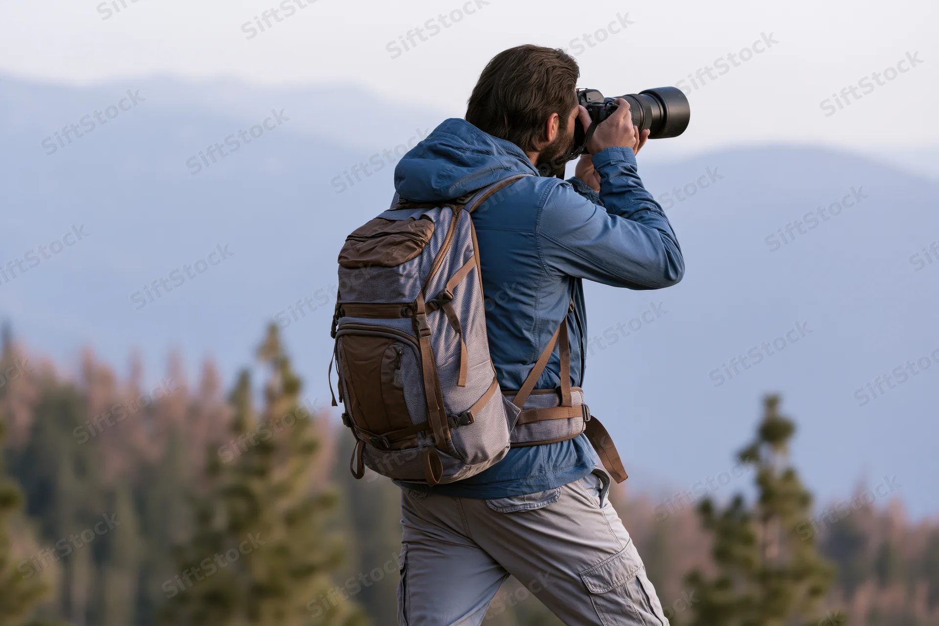 Man with backpack and camera shooting landscape in forested mountains