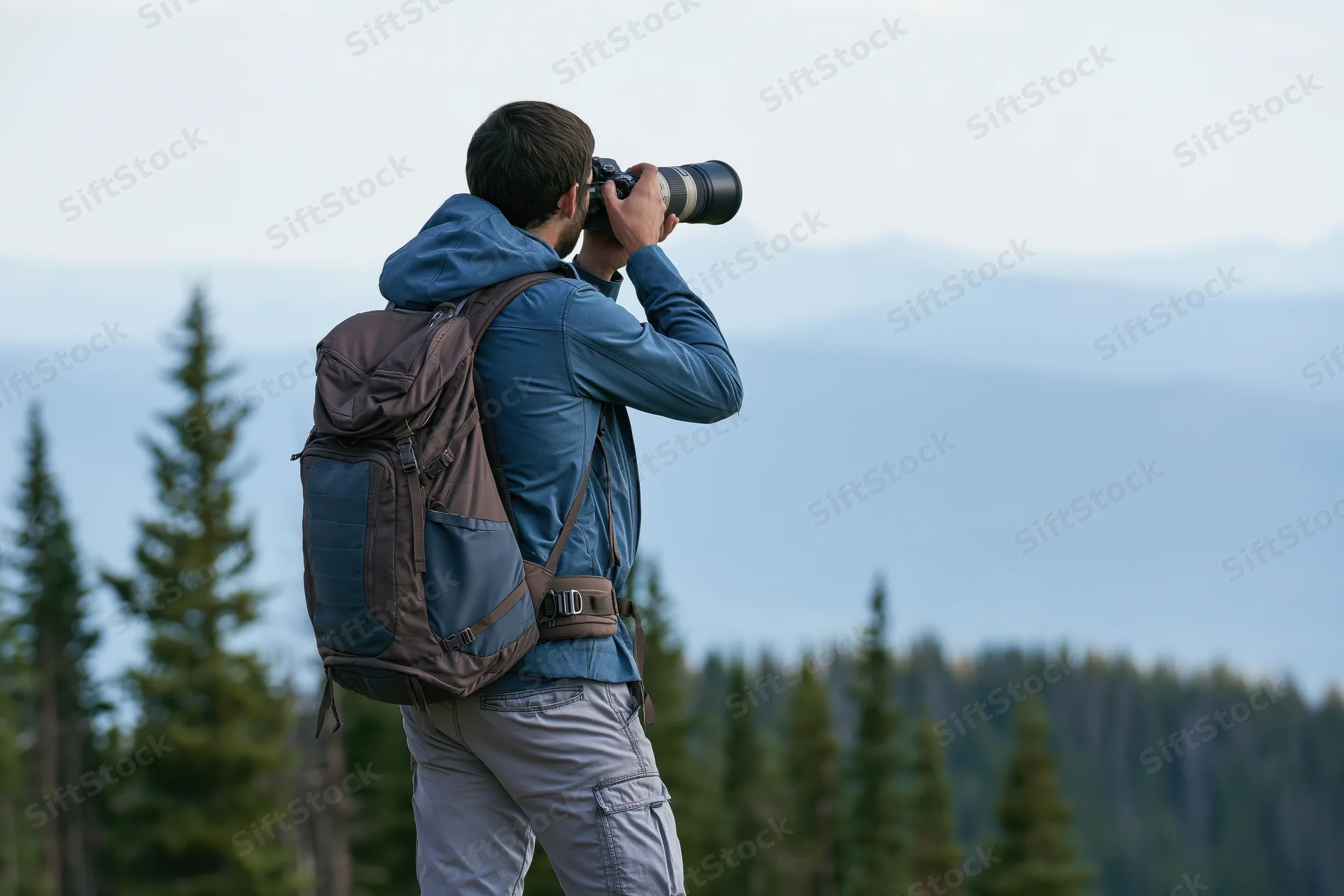 Man with backpack and camera photographing distant mountains from forested hillside