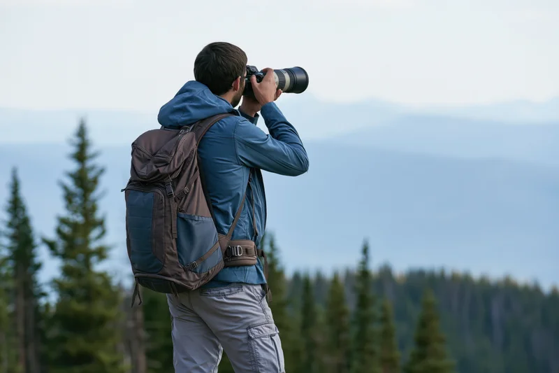 Man with backpack and camera photographing distant mountains from forested hillside