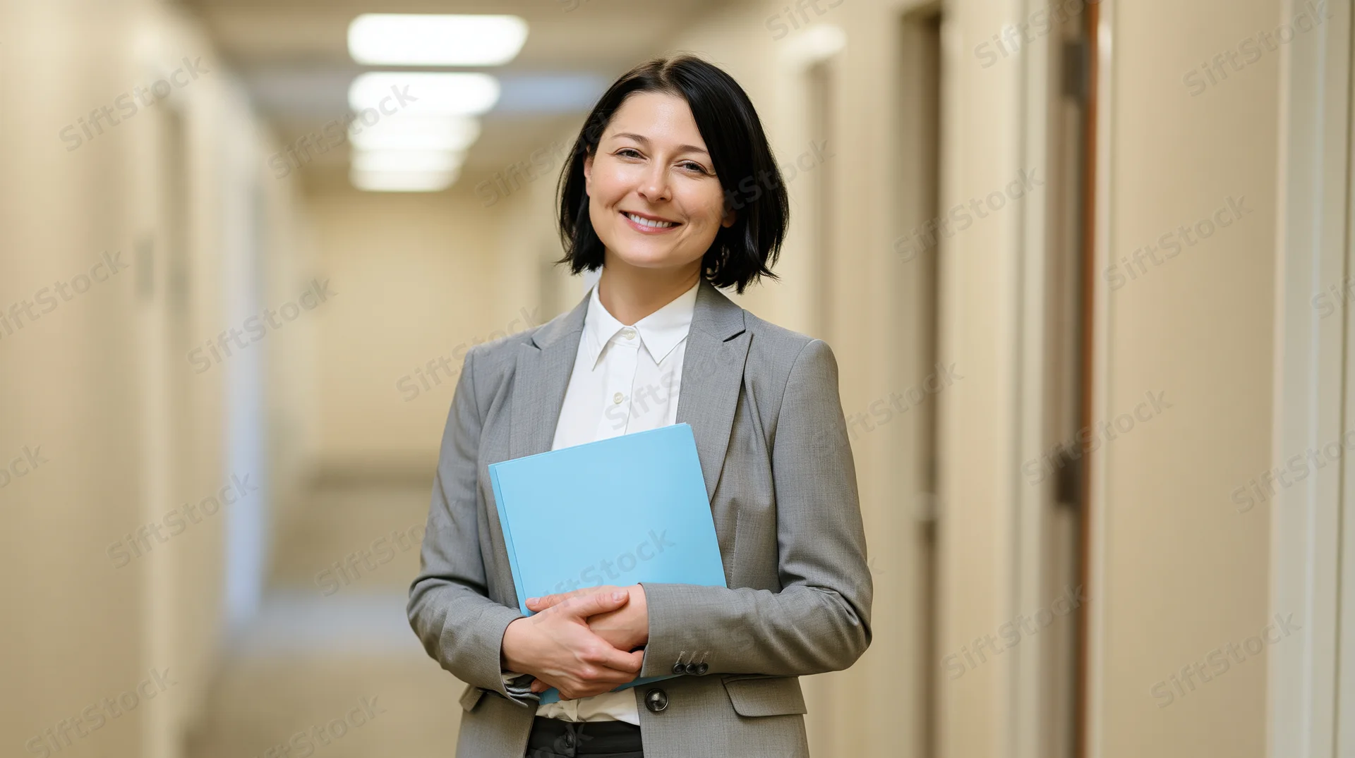 Woman in business suit holding blue folder in office hallway smiling at camera