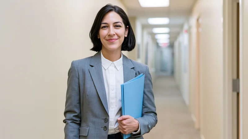 Woman in gray suit holding blue folder smiling in office hallway
