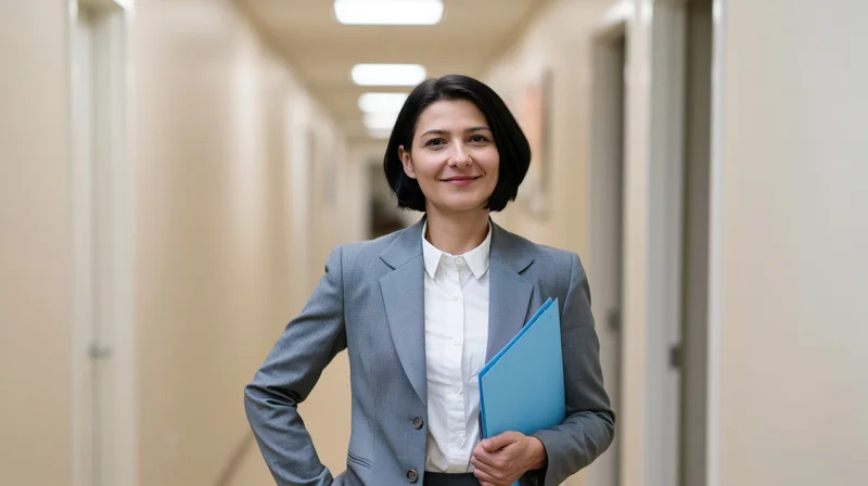 Woman in business suit holding blue folder smiling in office hallway