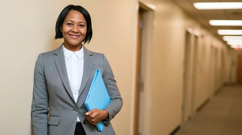 Woman in gray suit holding blue folder smiling in office hallway
