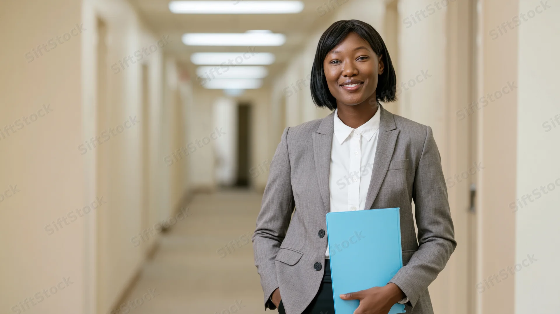 Woman in business suit holding blue folder smiling in office hallway