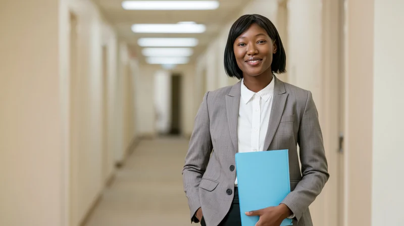 Woman in business suit holding blue folder smiling in office hallway