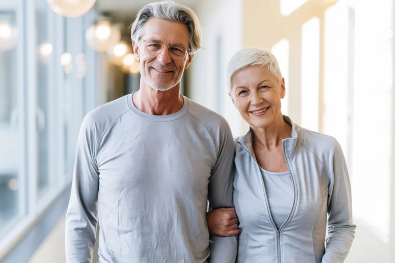 Senior couple smiling together in a bright gym hallway wearing athletic clothing