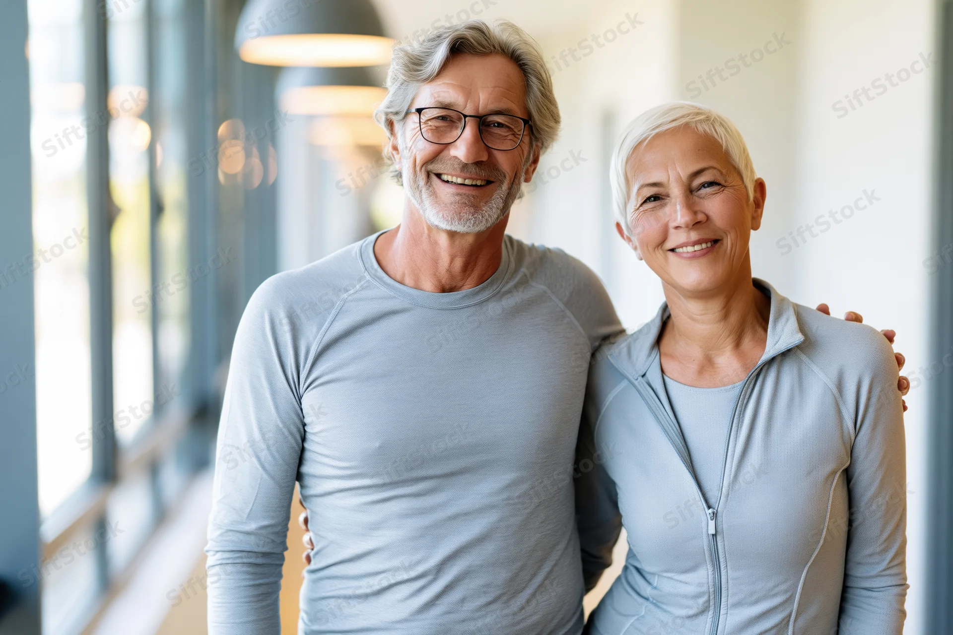 Senior couple smiling together in gym hallway wearing athletic clothing