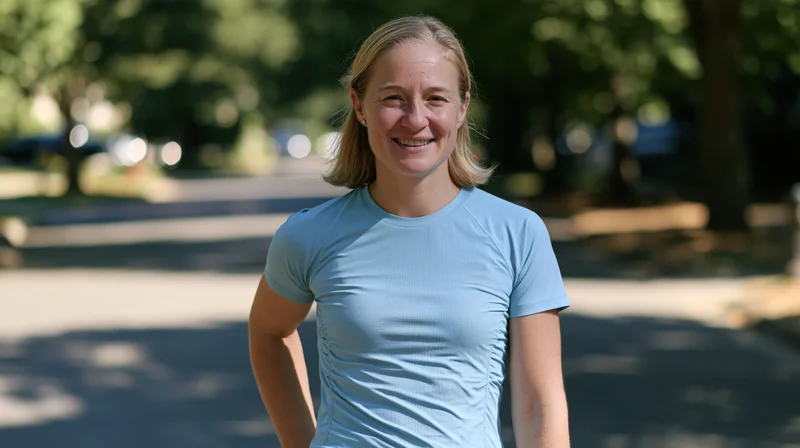 Smiling blonde woman in light blue tshirt standing on park path during daytime