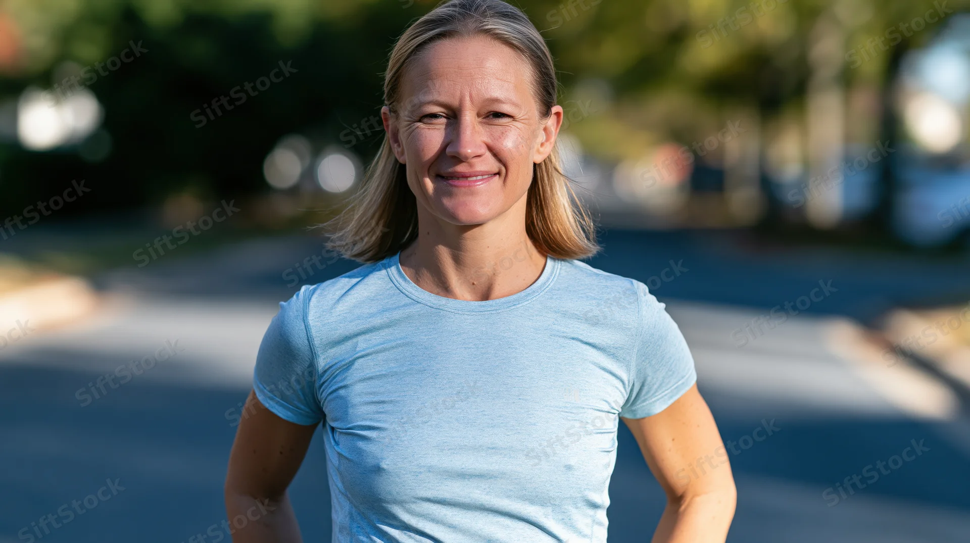 Smiling blonde woman in light blue tshirt standing outdoors on paved path