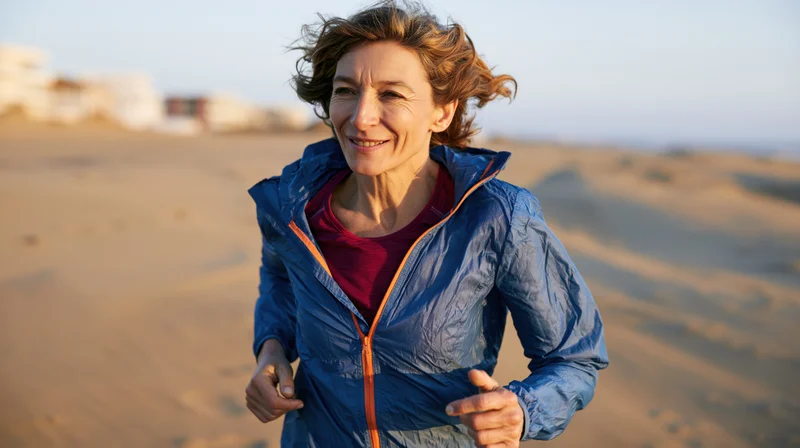 Middle-aged woman running on sandy dunes in a blue windbreaker, smiling with wind in her hair