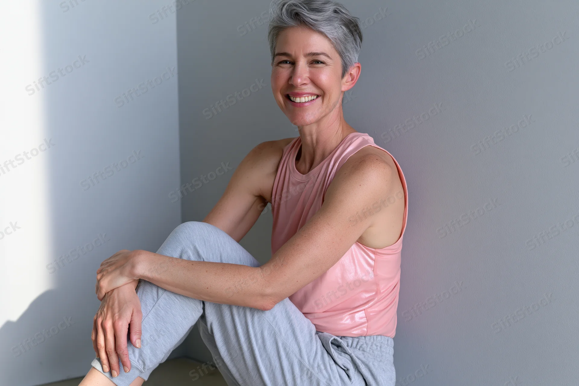 Smiling middle-aged woman seated in a corner wearing casual clothing