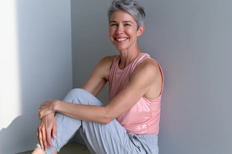 Smiling middle-aged woman seated in a corner wearing casual clothing