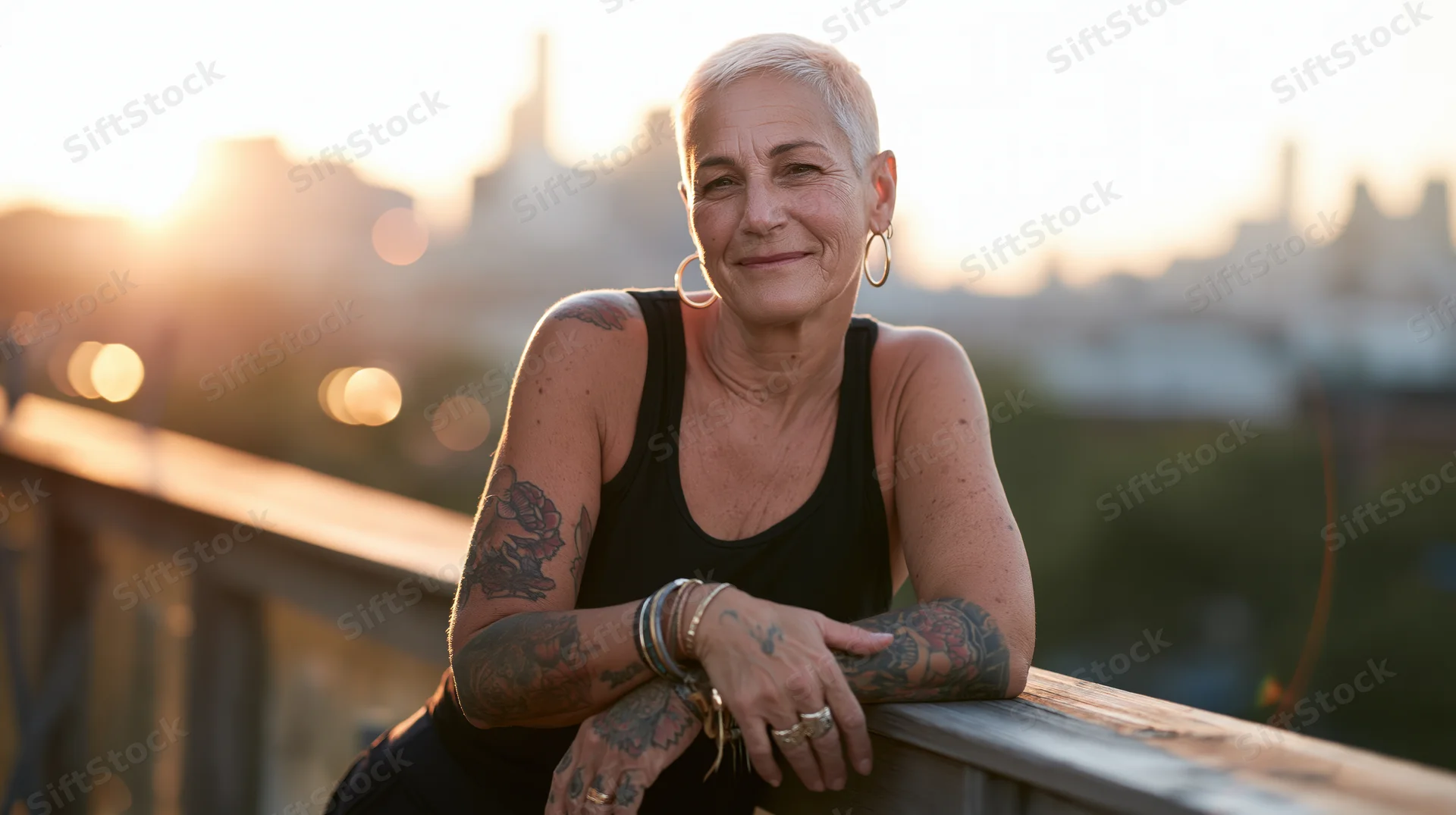 Smiling senior woman with tattoos leaning on wooden railing at sunset overlooking city