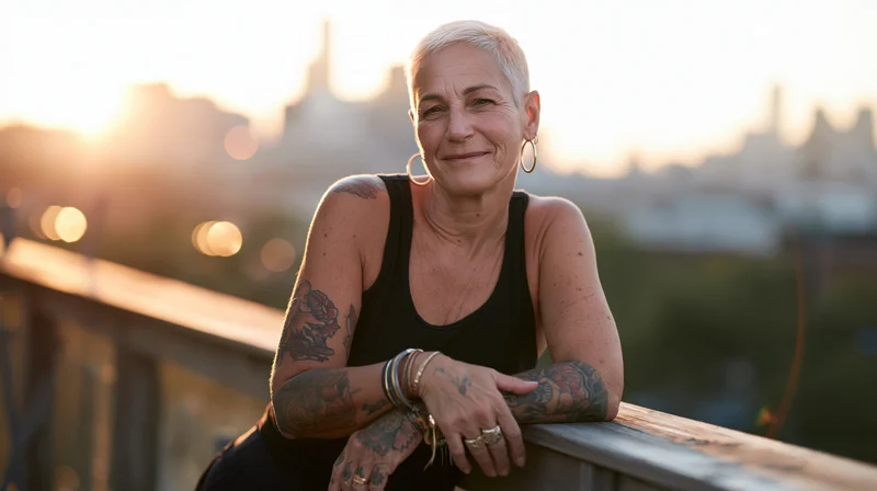 Smiling senior woman with tattoos leaning on wooden railing at sunset overlooking city