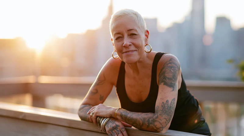 Smiling senior woman with tattoos leaning on balcony railing at sunset in city