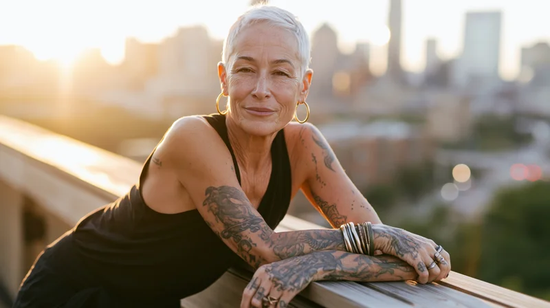 Smiling senior woman with tattoos leaning on rooftop railing at sunset overlooking city