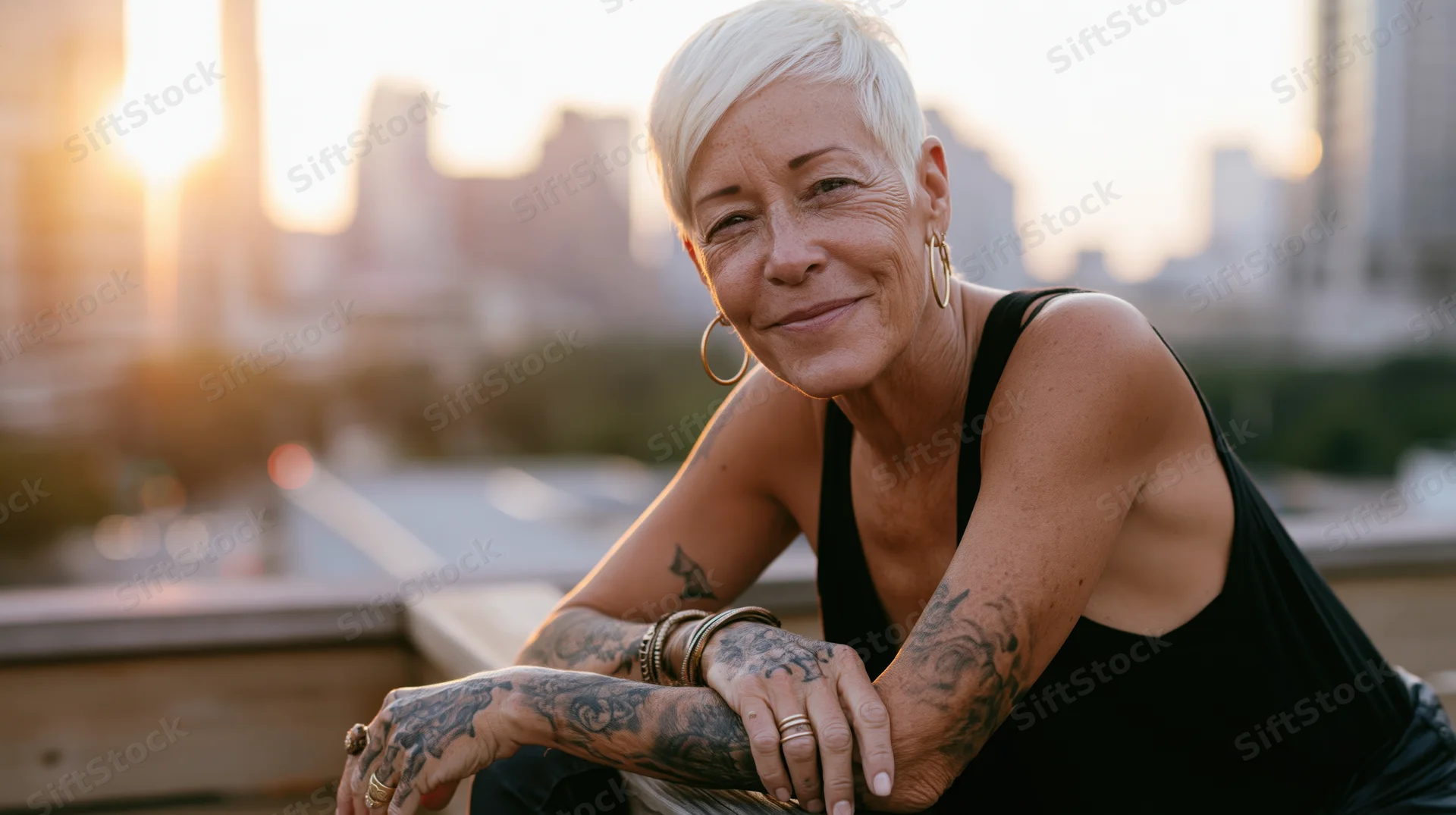 Smiling senior woman with tattoos leaning on rooftop railing at sunset with city skyline behind