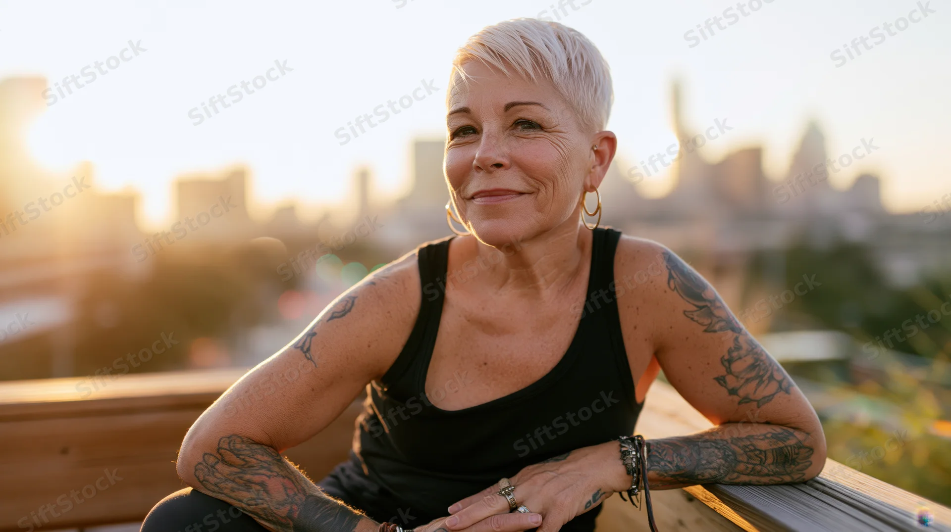 Smiling mature woman with tattoos leaning on rooftop railing at sunset
