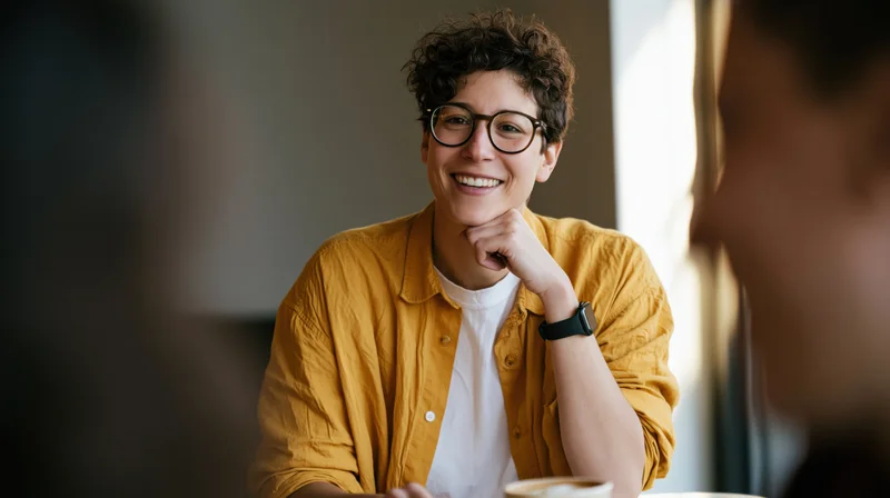 Woman smiling during a casual conversation in a cafe