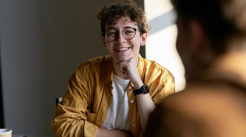Young woman smiling during a conversation indoors, hand on chin, wearing glasses and a yellow shirt