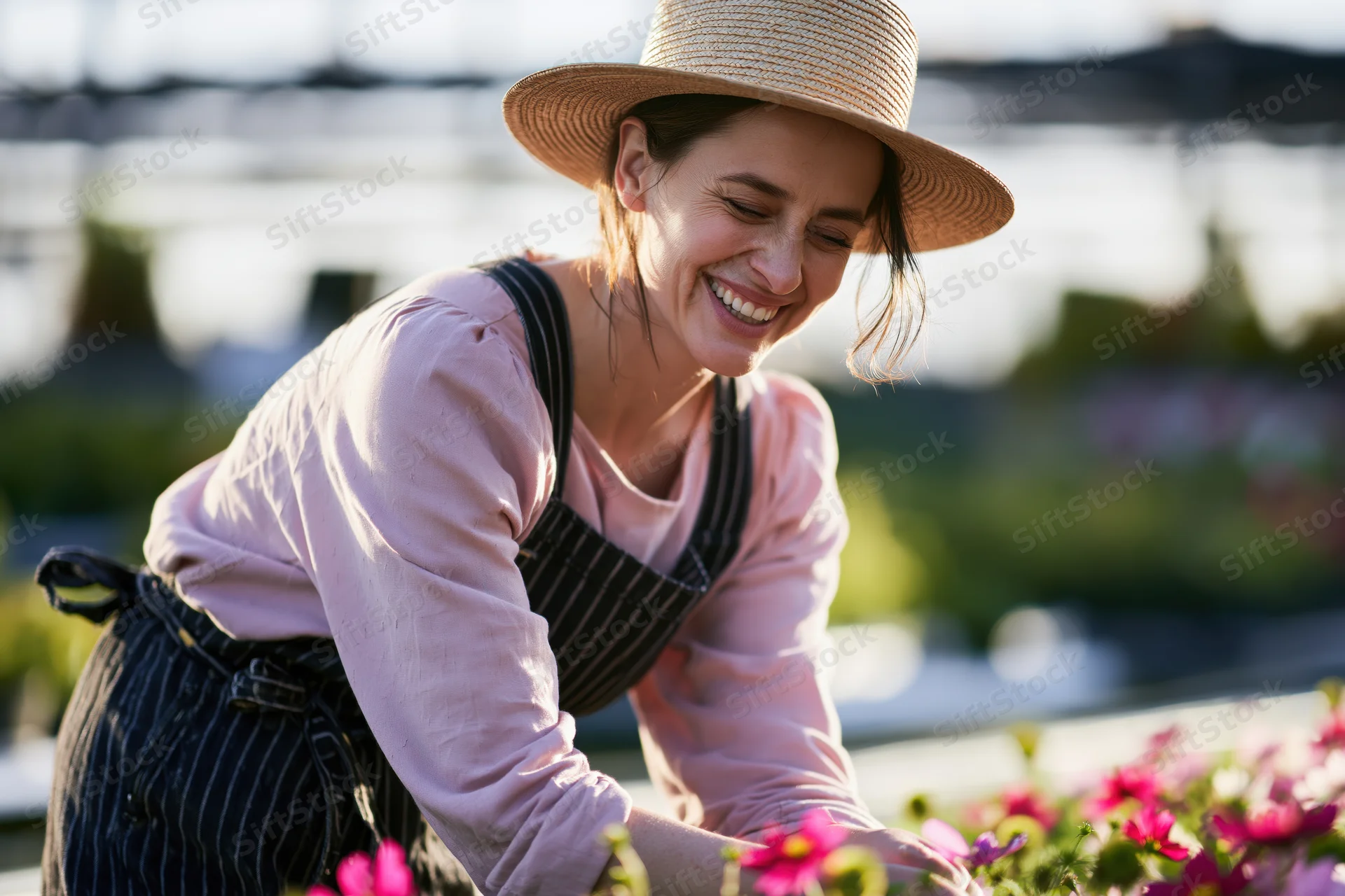 Woman smiling while tending flowers in a garden