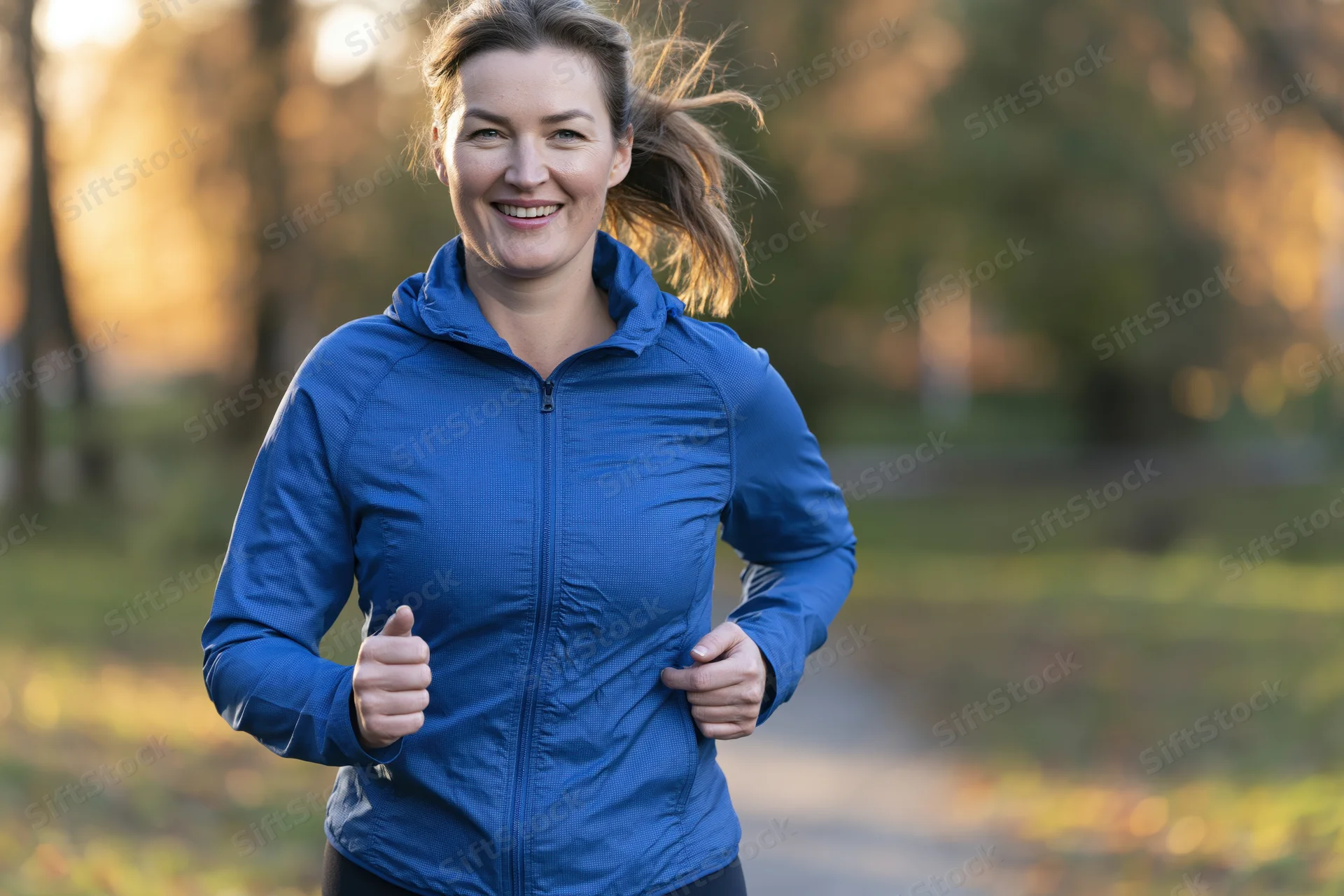 Woman running on a park trail smiling in sportswear during golden hour