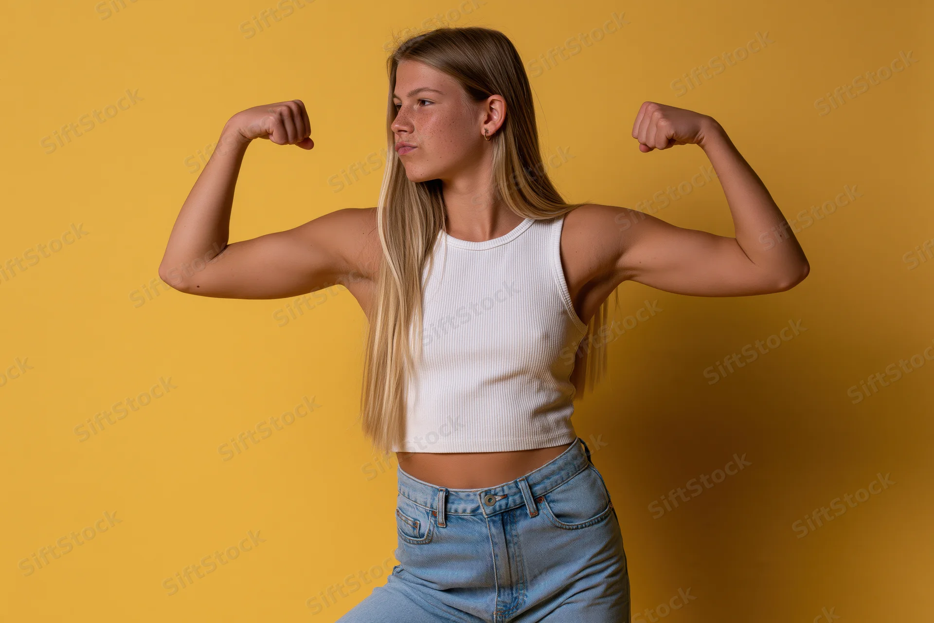 Young woman flexing both biceps in a white ribbed crop top and jeans against a yellow studio background