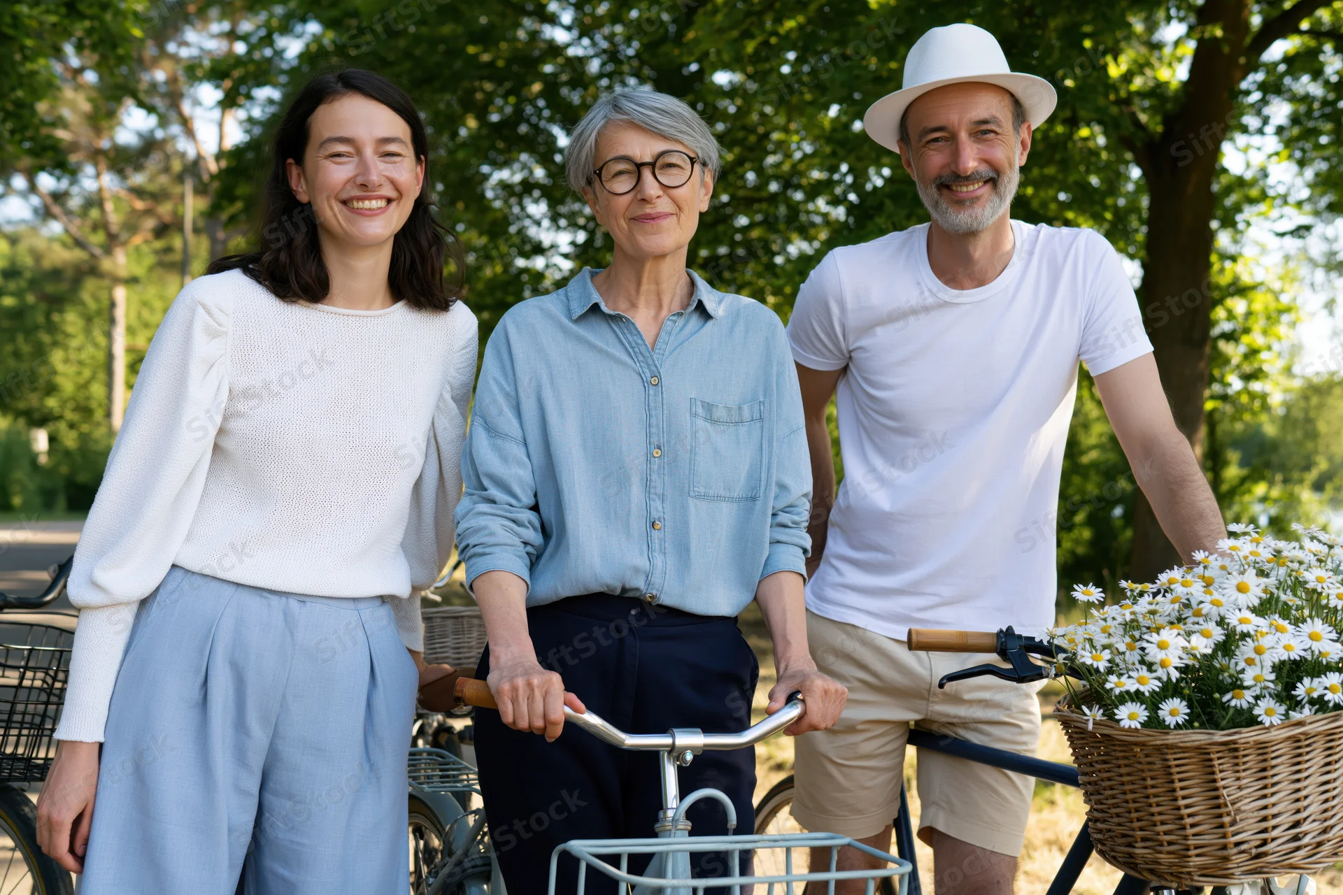 Three people smiling while standing with bicycles in a park on a sunny day