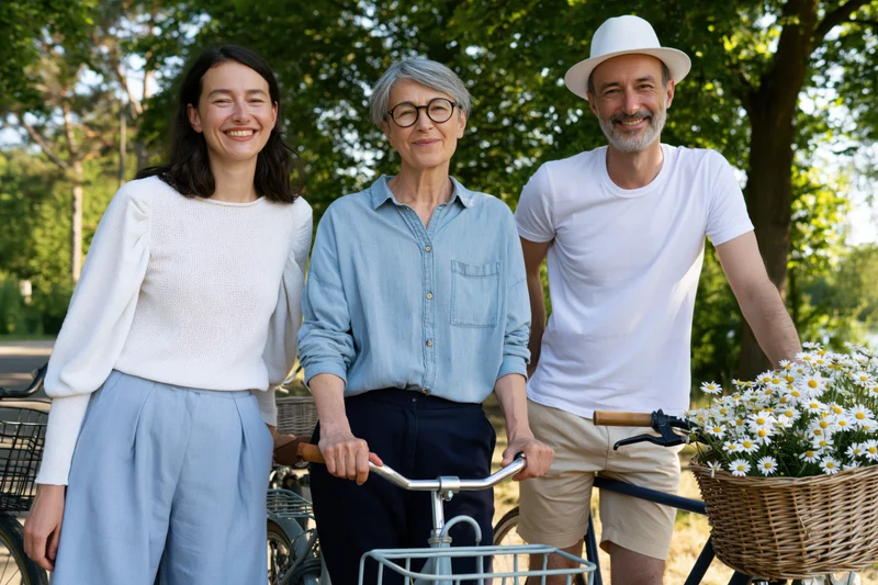 Three people smiling while standing with bicycles in a park on a sunny day