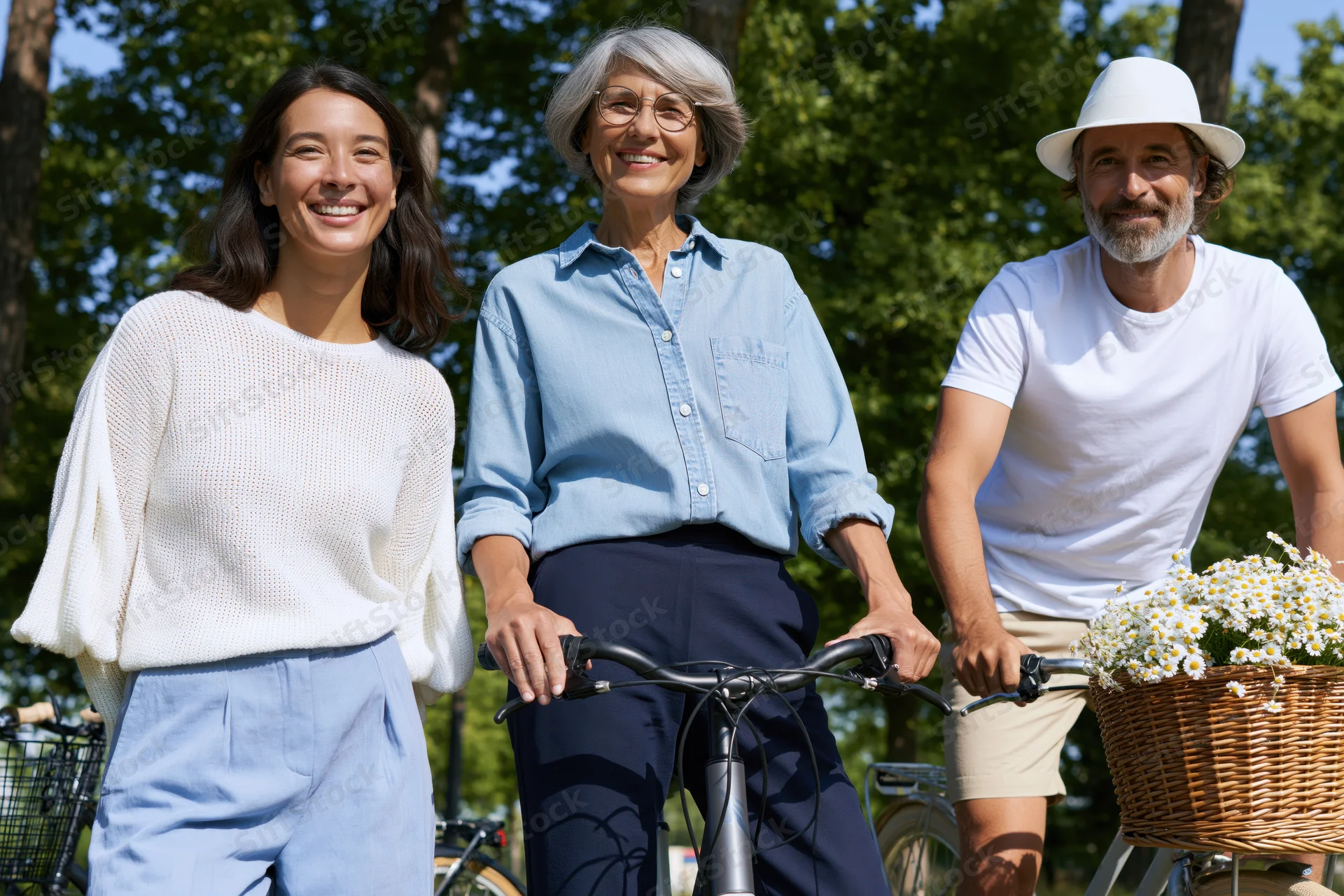 Three people smiling while cycling in a park on a sunny day