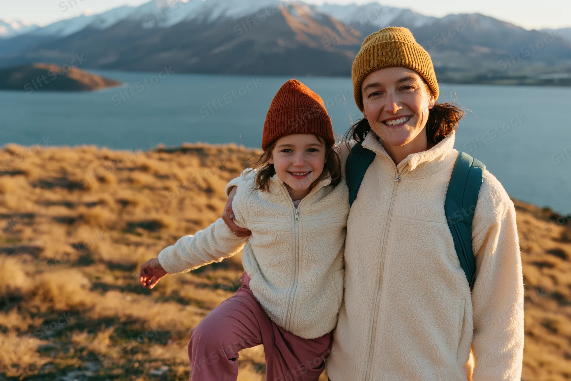 Woman and young girl smiling together on a grassy hill overlooking a lake and snow-capped mountains