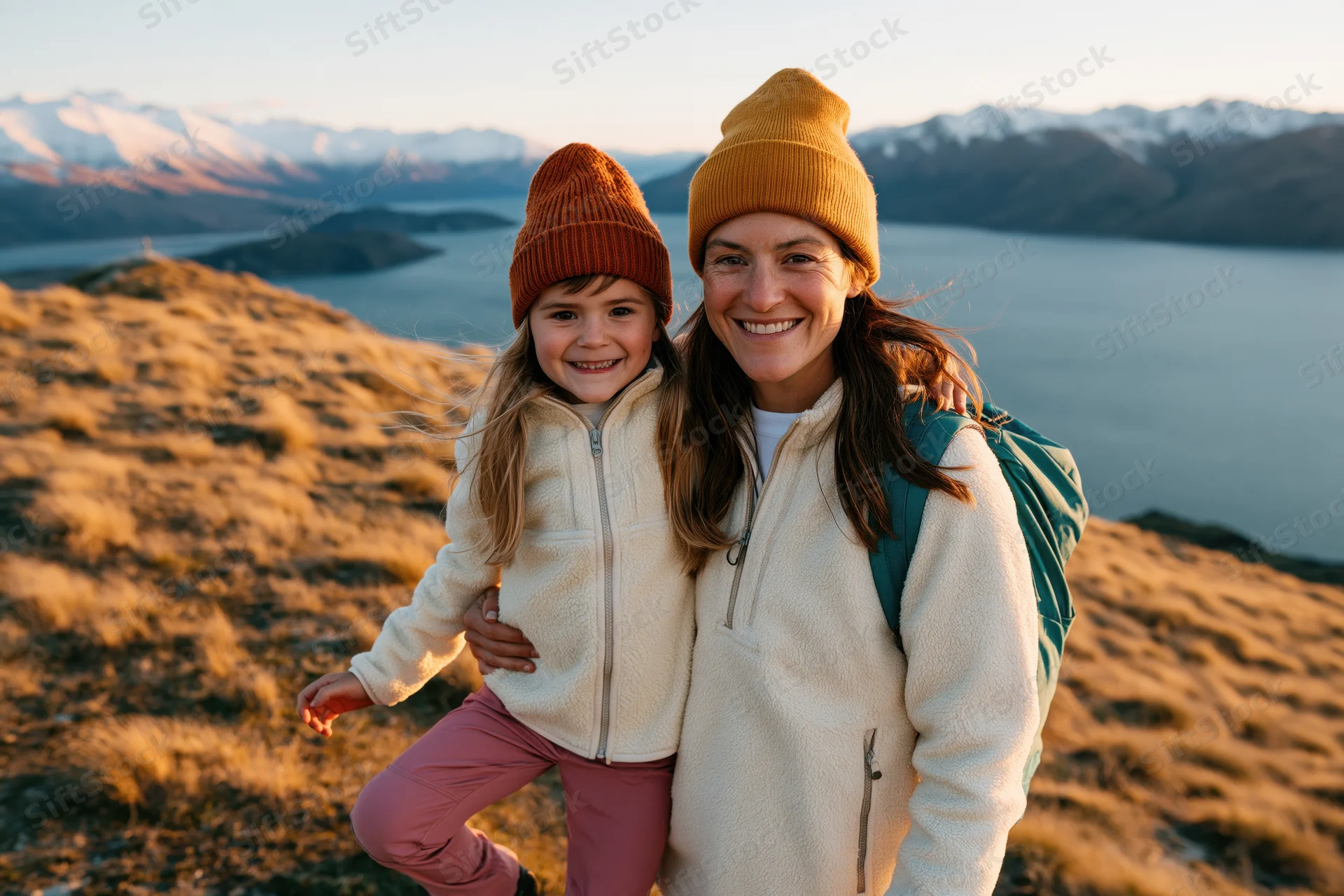 Woman and young girl smiling together on a mountain trail overlooking a lake and snow-capped peaks at sunset
