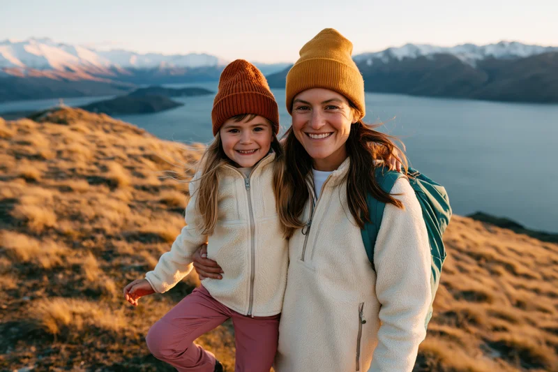 Woman and young girl smiling together on a mountain trail overlooking a lake and snow-capped peaks at sunset