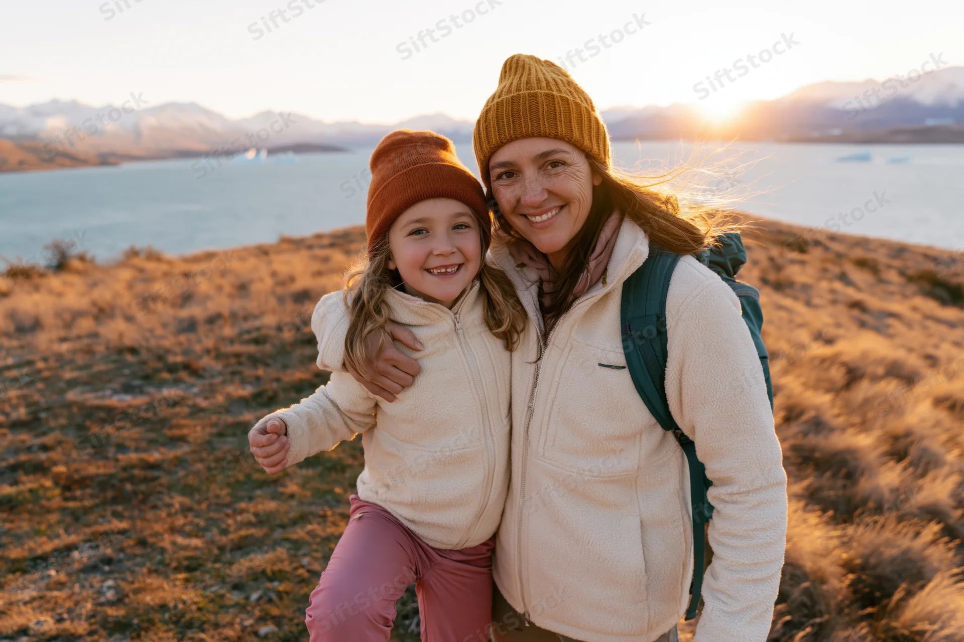 Mother and daughter smiling together while hiking outdoors near a lake at sunset
