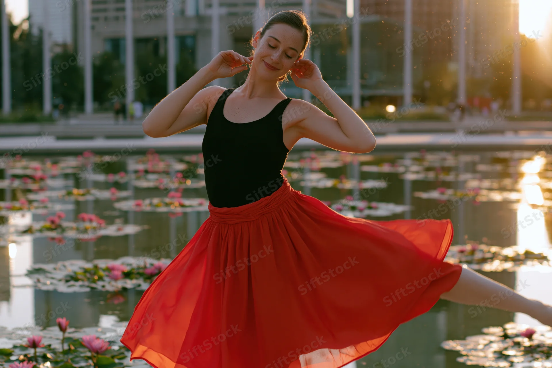 Woman in red skirt and black leotard twirling barefoot by a pond with waterlilies at sunset in an urban park
