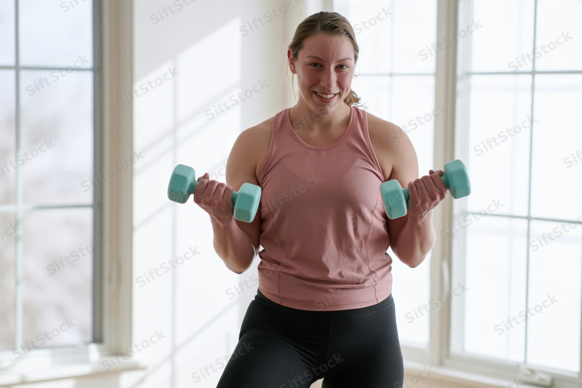Woman lifting dumbbells in a bright home workout space