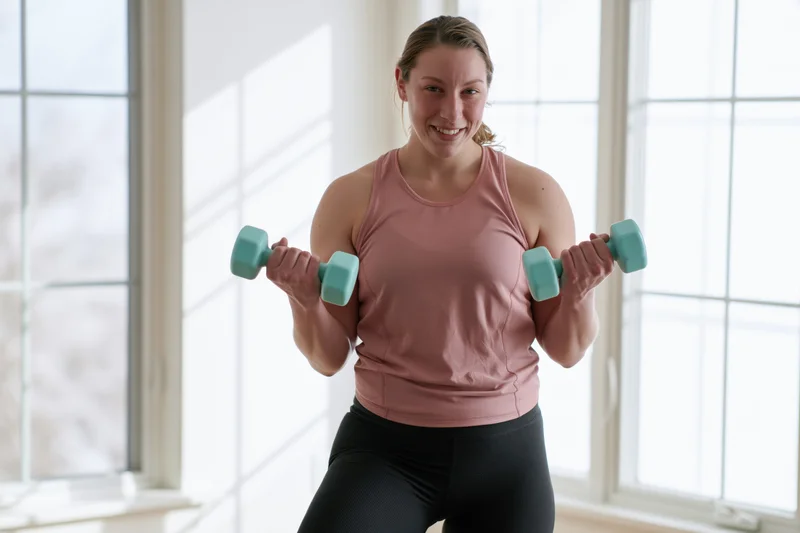 Woman lifting dumbbells in a bright home workout space