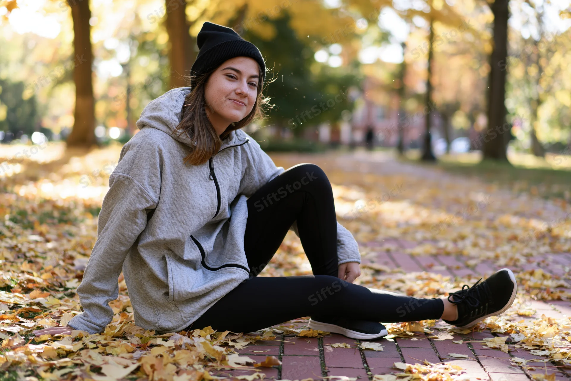 Woman sitting on brick sidewalk covered in autumn leaves in a park, wearing hoodie and beanie, smiling slightly
