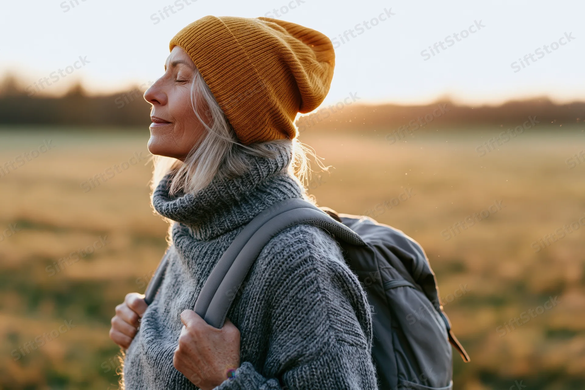 Senior woman with backpack and beanie standing in a sunlit field during golden hour, eyes closed, breathing calmly